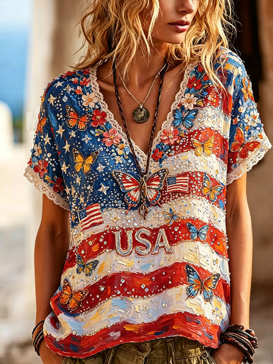Cardydony Vintage American Anniversary Floral Art Print Casual V-neck Top