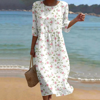 Cardydony Women's Roses Art Pattern Linen Blend Loose Three-quarter Sleeve Dress