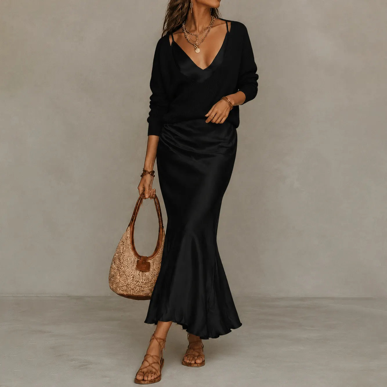 Cardydony Elegance Long-sleeved Knit Top + Satin Slip Dress Two-piece Set