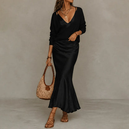 Cardydony Elegance Long-sleeved Knit Top + Satin Slip Dress Two-piece Set