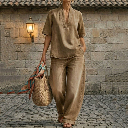 Cardydony Women's Retro Blended Cotton Washed Shirt And Pants Two-piece Set