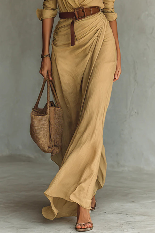 Cardydony Women's City Sleek Single Breasted Long Sleeve Warp Slit Shirt Maxi Dress