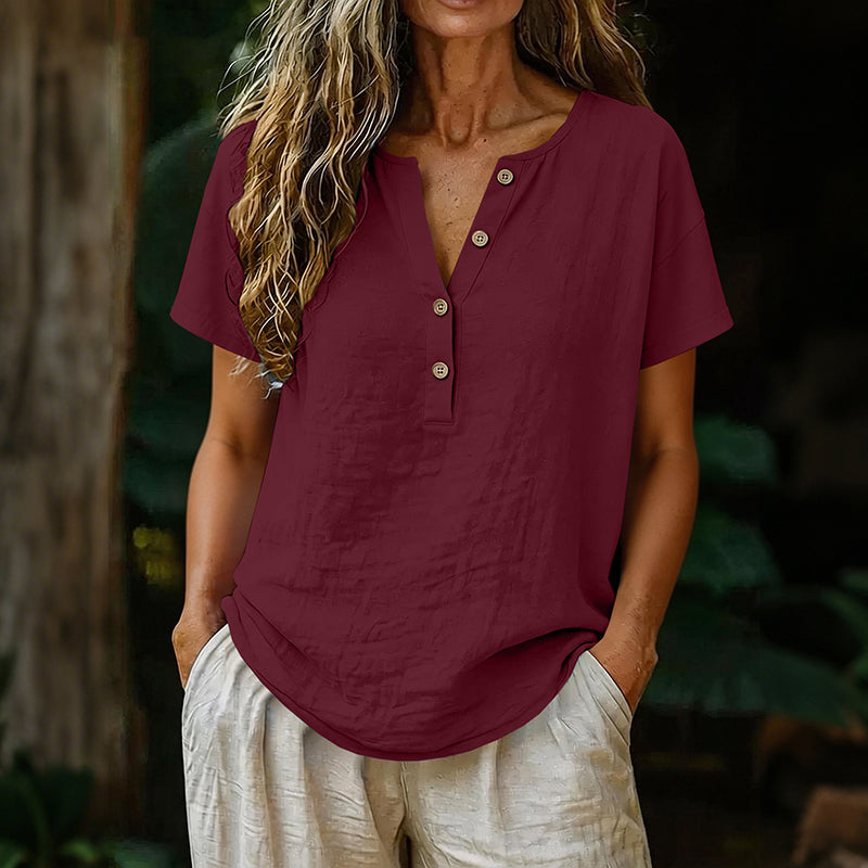 Cardydony Solid Color Linen Short-sleeved Half-front Button-up Shirt