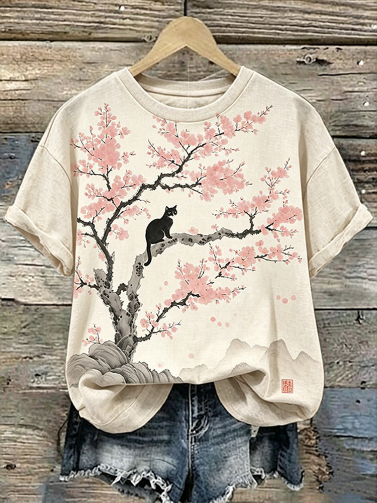 Cardydony Retro Cute Cat And Cherry Blossom Pattern Casual Short-sleeved T-shirt
