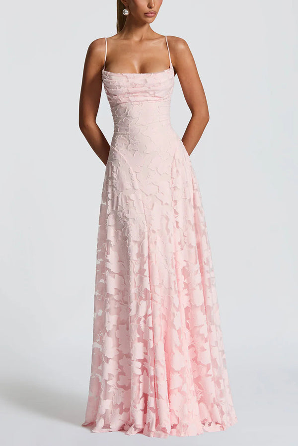 Cardydony Women's Francis Custom Floral Burnout Fabric Cowl Neck Back Lace-up Maxi Dress