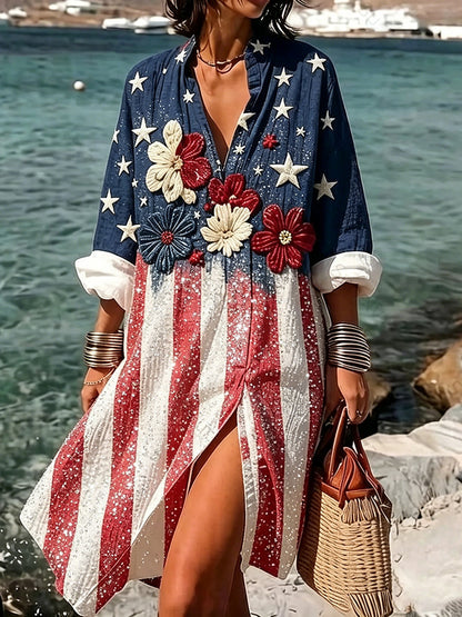 Cardydony Women's Color-blocked American Flag Floral Long-sleeved Cotton Linen Dress