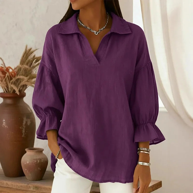 Cardydony Women's Solid Color Collared Cotton-Linen Blend Long Sleeve Loose Blouse