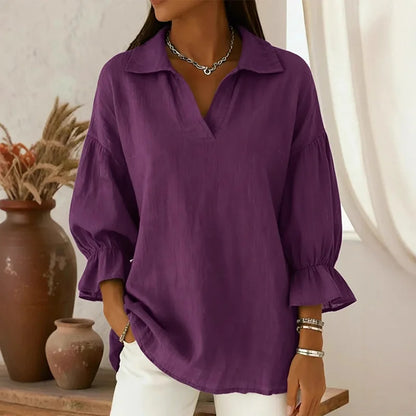 Cardydony Women's Solid Color Collared Cotton-Linen Blend Long Sleeve Loose Blouse