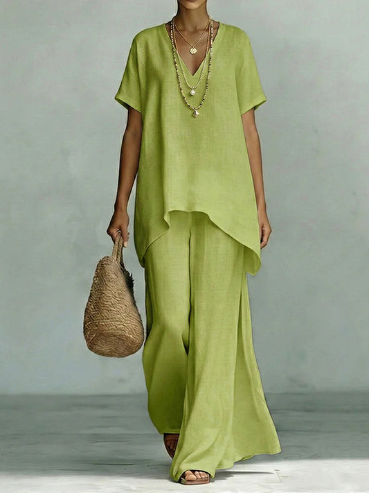 Cardydony Linen V-neck Short-sleeved Loose Top And Wide-leg Pants Two-piece Set