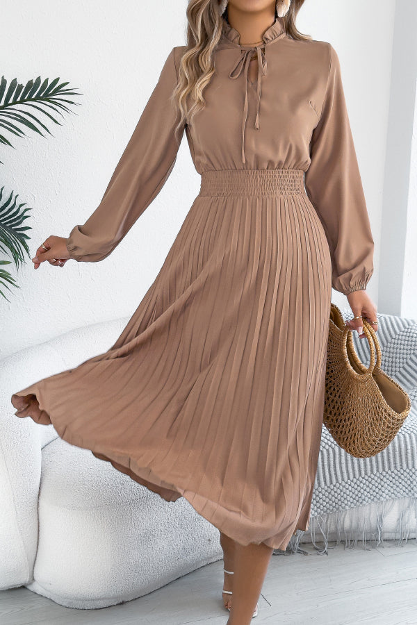 Cardydony Women's Solid Color Long-sleeved Fitted Waist Pleated Elegant Midi Dress