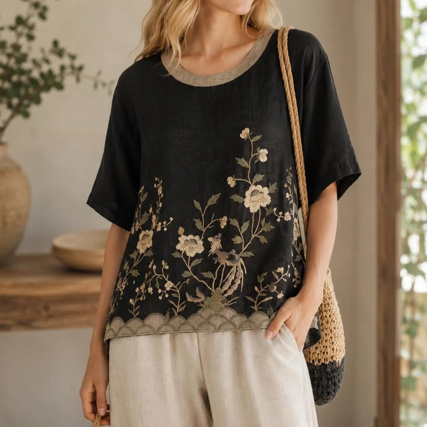 Cardydony Women's Summer Floral In Macarons Colorful Art Linen Blend Short Sleeve Tops