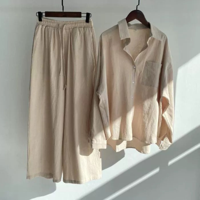 Cardydony Women's Vintage Flower Embroidery Cotton Linen Shirt And Pants Two-piece Set