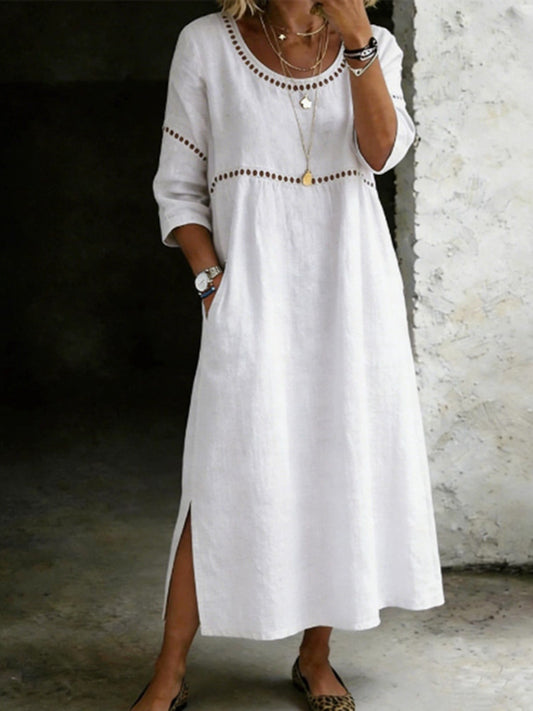 Cardydony Women's Solid Color Round Neck Split Linen Blend Midi Dress
