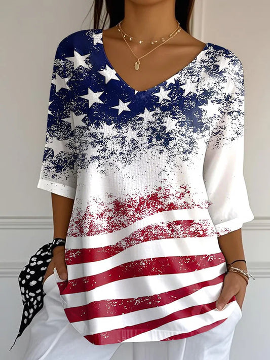 Cardydony Women's Independence Day Flag Faith Fabric Casual V-neck T-shirt