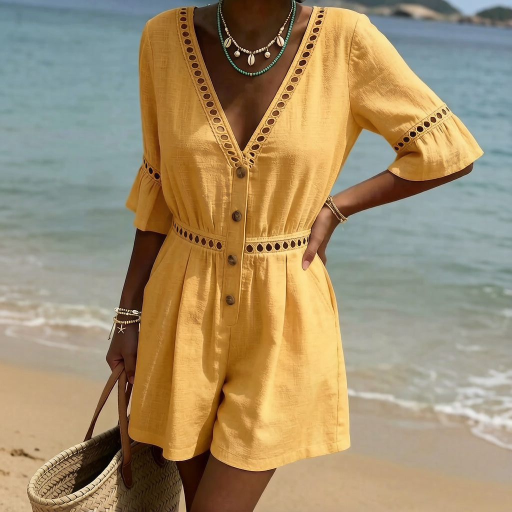 Cardydony Women's Vintage Hollow-out Design Cotton Linen Mini Jumpsuit