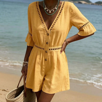 Cardydony Women's Vintage Hollow-out Design Cotton Linen Mini Jumpsuit