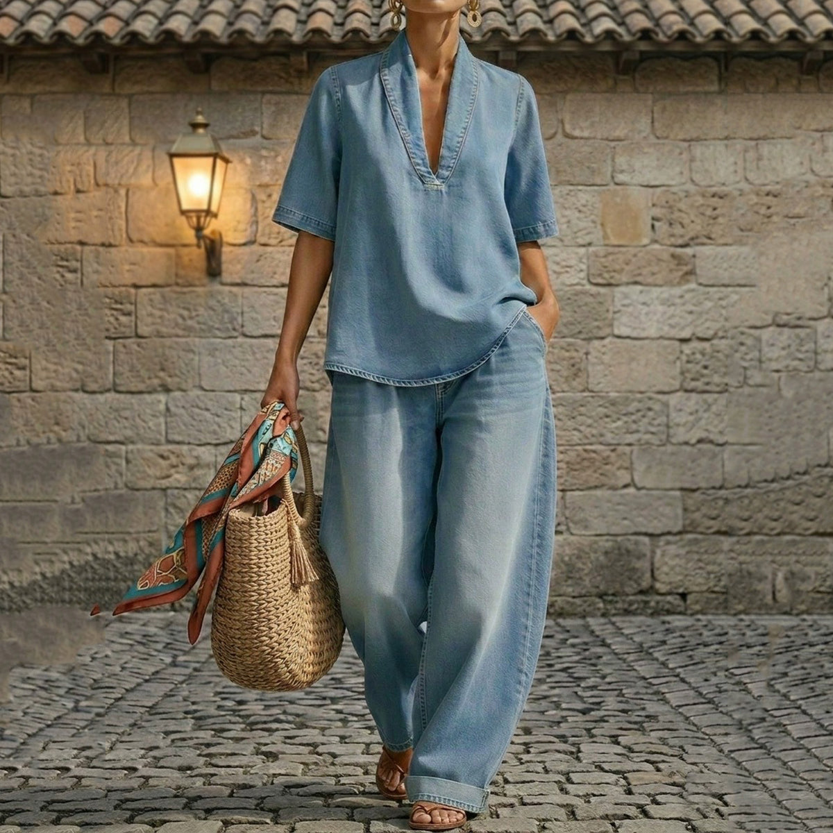Cardydony Women's Retro Blended Cotton Washed Shirt And Pants Two-piece Set