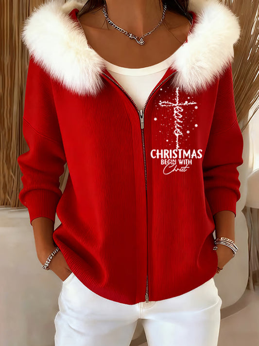 Women's Zippered Fur Christmas Casual Hooded Sweater