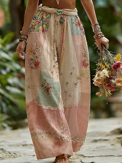 Cardydony Women's Rose Floral Patchwork Casual Resort Linen Blend Pants
