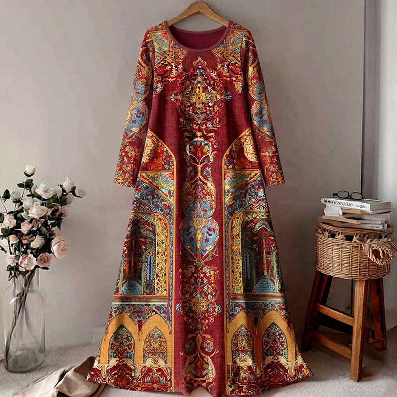 Cardydony Women's Iranian Golestan Palace Persian Art Pattern Linen Blend Dress