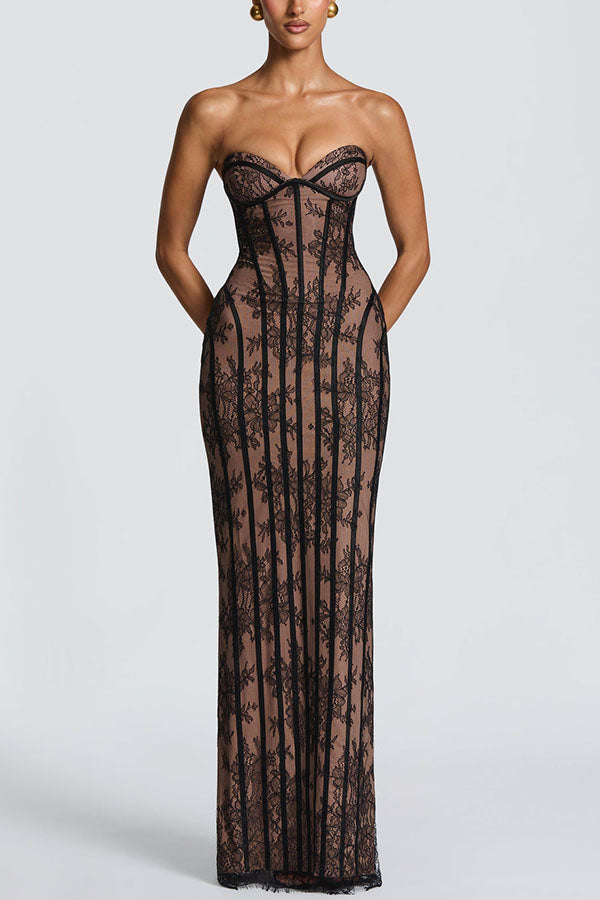Cardydony Women's Sian Floral Lace Contrast Structural Detail Back Lace-up Strapless Slit Maxi Dress