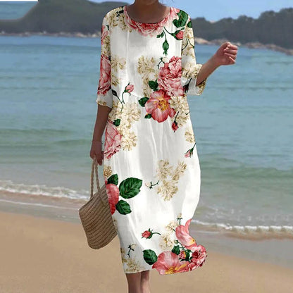 Cardydony Women's Vintage Floral Art Pattern Linen Blend Loose Three-quarter Sleeve Dress