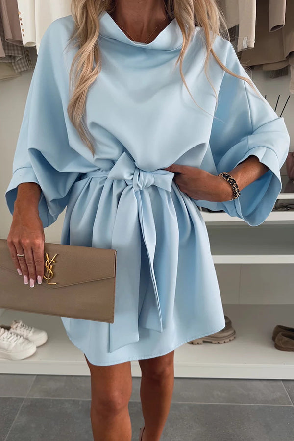 Cardydony Women's Solid Color Loose Round Neck Belted Mini Dress