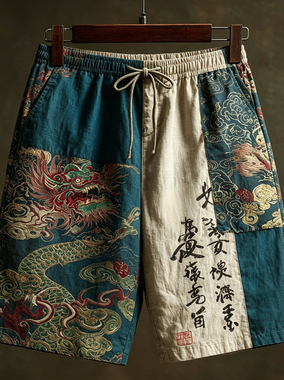 Cardydony Men's Japanese-style Dragon And Calligraphy Print Casual Shorts