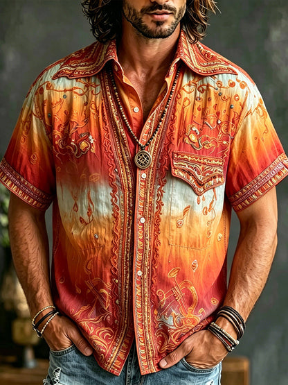 Cardydony 70s Hippie Gradient Music Embroidery Shirt Men Boho Paisley Short Sleeve Vacation Camp Shirt