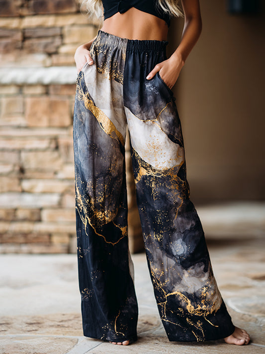 Cardydony Women's Vintage Marble Pattern Art Print Flowy Linen Blend Casual Pants