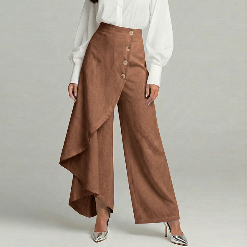 Cardydony Women's Casual Retro Irregular Ruffles Button Cotton And Linen Pants