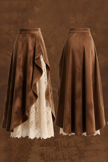 Cardydony Women's Stylish Suede and Lace Patchwork Elegant Asymmetrical Midi Skirt