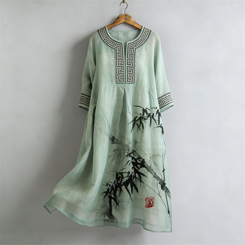 Cardydony Classy Japanese Bamboo Art Flowy Linen Maxi Dress