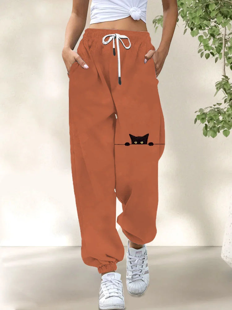 Cardydony Women's Casual Funny Black Cat Print Pants