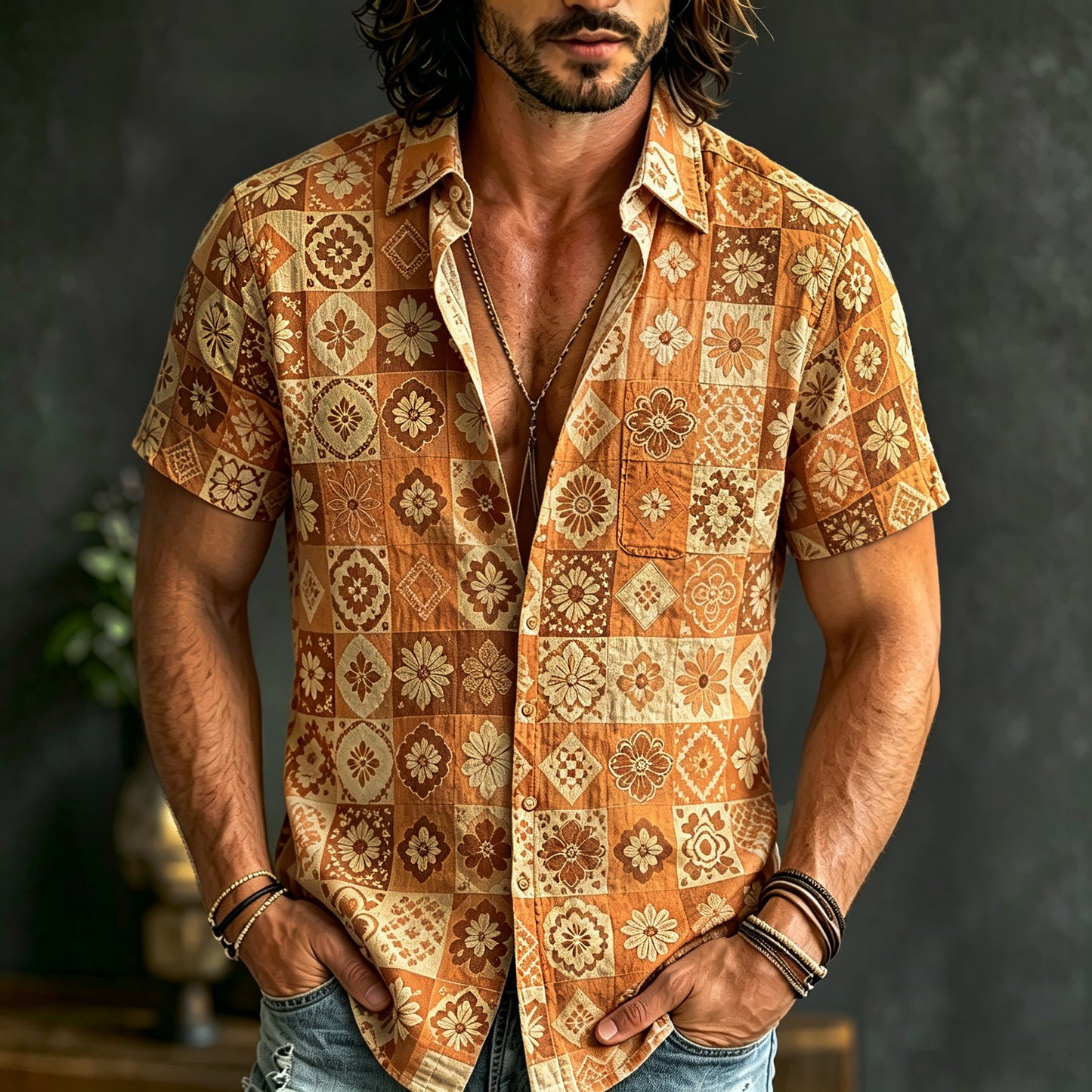 Cardydony Men's Boho Patchwork Floral Print Hippie Cotton And Linen Comfortable Short Sleeve Shirt