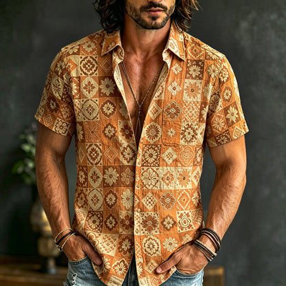 Cardydony Men's Boho Patchwork Floral Print Hippie Cotton And Linen Comfortable Short Sleeve Shirt