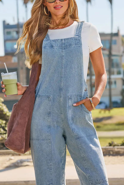 Cardydony Women's Stylish Loose Pockets Side Buttons Wide-leg Denim Jumpsuit
