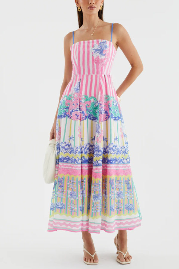 Cardydony Women's Unique Print Spaghetti Strap Square Neck Fitted Waist Elegant Maxi Dress