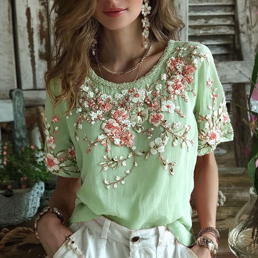 Cardydony Women's Floral Art Embroidery Cotton Linen T-shirt