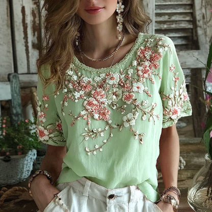 Cardydony Women's Floral Art Embroidery Cotton Linen T-shirt