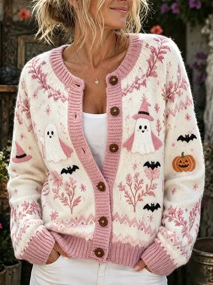 Cardydony Women's Pink Halloween Pumpkin Bat Ghost Floral Print Crew Neck Cardigan