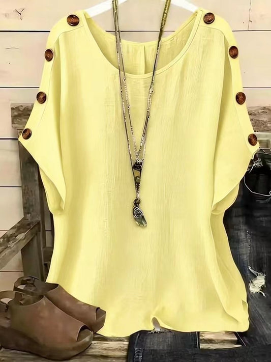 Cardydony Women's Solid Color Round Neck Loose Button Design T-shirt