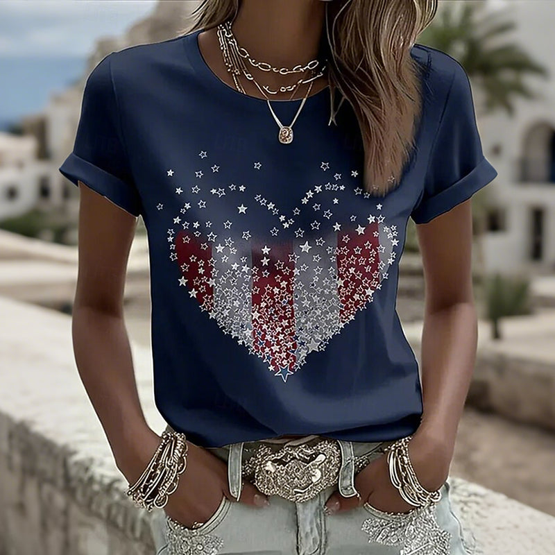 Cardydony Women's Retro Patriotic Print Round Neck T Shirt