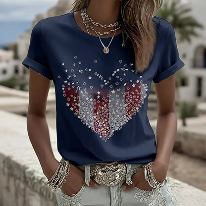 Cardydony Women's Retro Patriotic Print Round Neck T Shirt