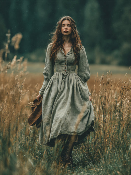 Cardydony Vintage Corseted Button Up Linen Maxi Dress