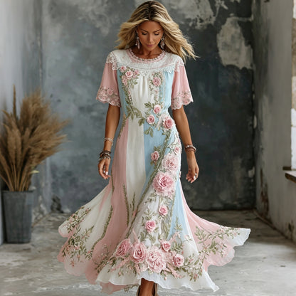 Cardydony Women's Vintage Rose Embroidered Art Patchwork Round Neck Short Sleeve Maxi Dress