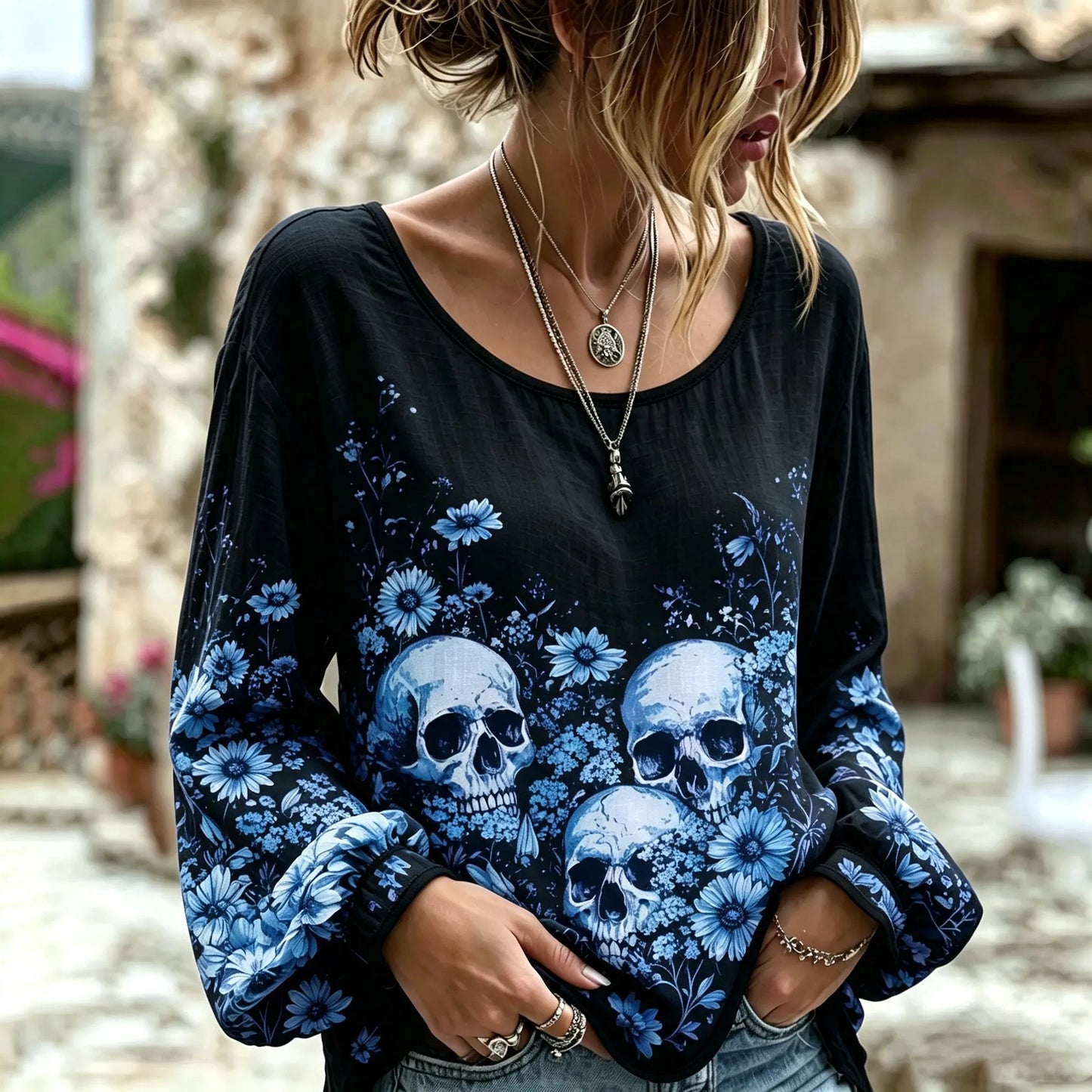 Cardydony Women's Bohemian Halloween Skull And Floral Print Cotton Linen Top