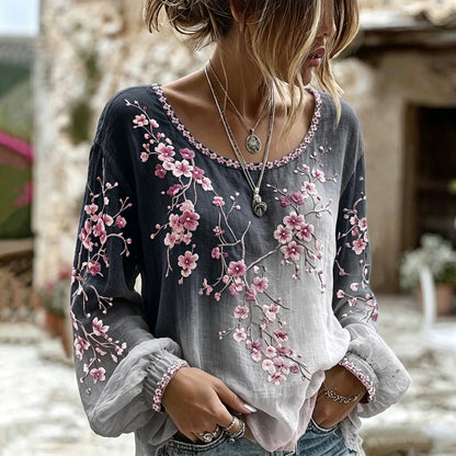 Cardydony Women's Retro Sakura Gradient Art Round Neck Long Sleeve T-shirt