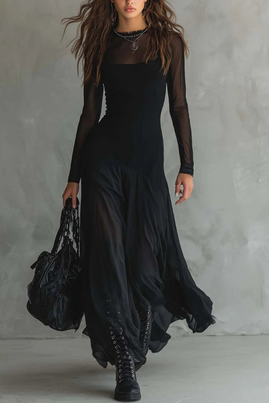 Cardydony Women's Fashionable Mesh-paneled Long-sleeved Slim-fit Maxi Dress