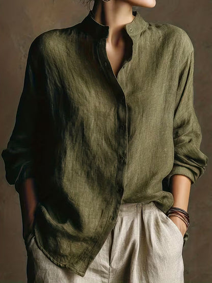 Cardydony Vintage Loose Cotton Linen Stand Collar Long Sleeved Shirt